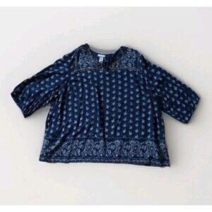 Catherine's Women's Plus Sz 3X Paisley Blue Top Blouse 3/4 Sleeve Boho Rayon